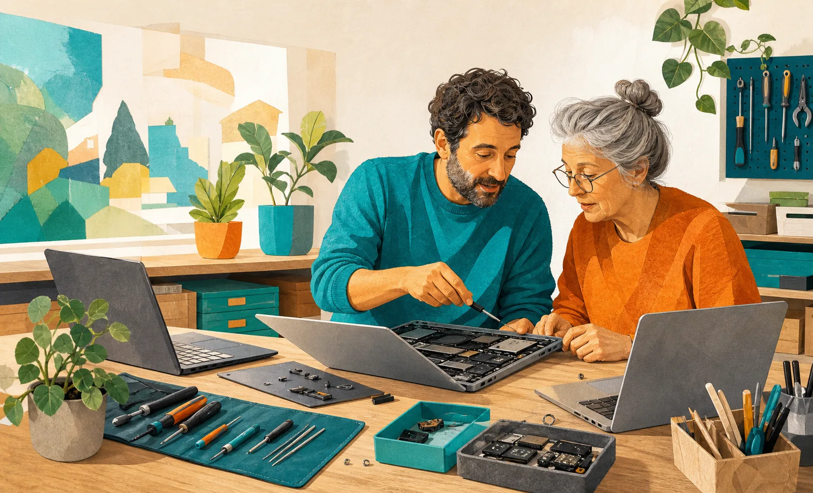 Illustration de deux personnes réparant un ordinateur portable dans un atelier