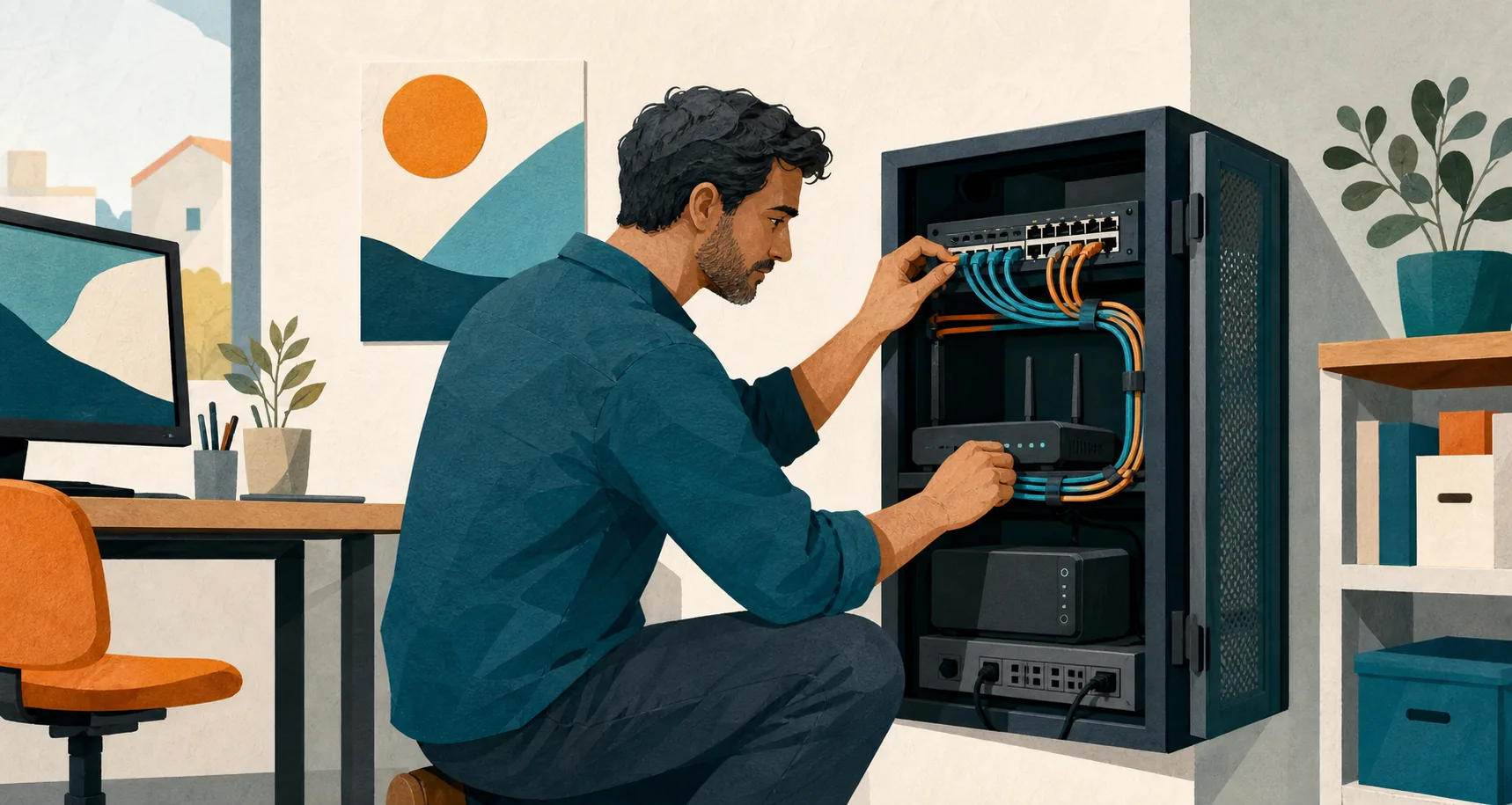 Illustration d’un technicien organisant le câblage d’une petite infrastructure réseau